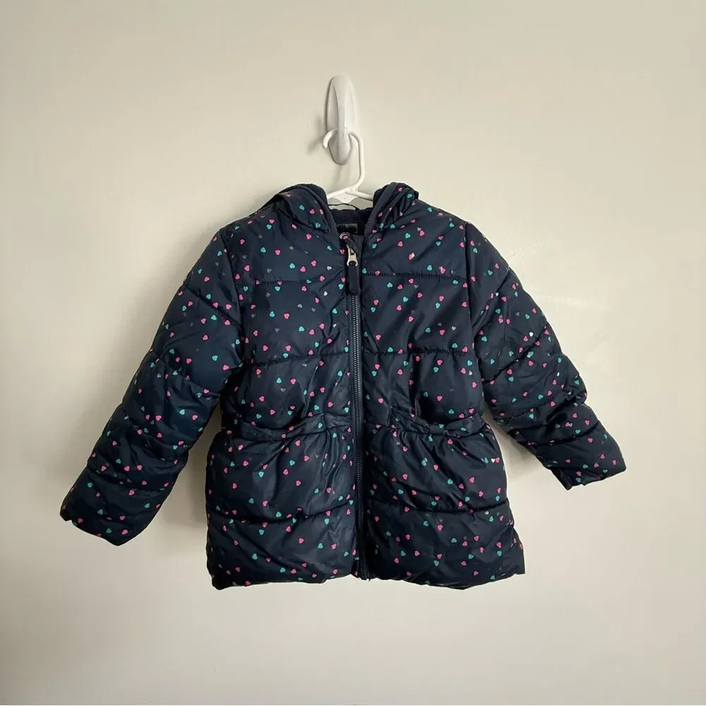 Wonder Nation Puffer Coat Toddler 4T Kids Navy Blue Polka Dot Jacket Girls